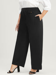 Solid Button Detail Elastic Waist Pocket Pants