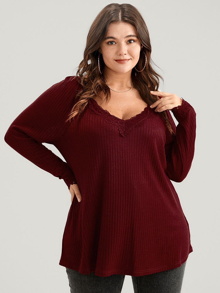 Solid Lace Trim Rib Knit Long Tee
