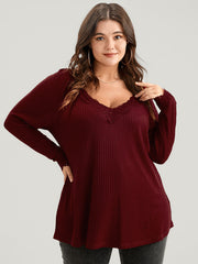 Solid Lace Trim Rib Knit Long Tee
