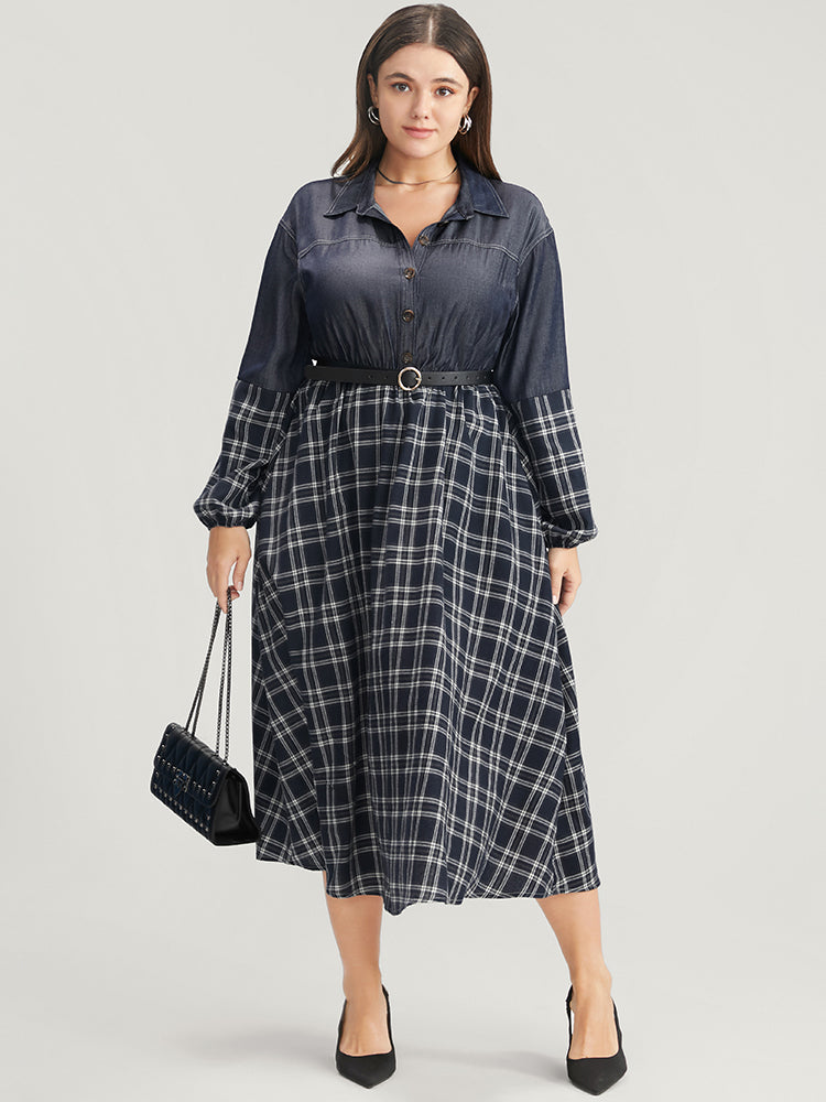 Gingham Patchwork Button Pocket Shirt Collar Dress Without Belt
