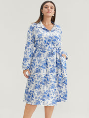 Floral Button Up Pocket Belted Lapel Collar Dress