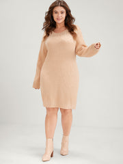 Solid Pointelle Knit Pearls Beaded Round Neck Sweater Dress