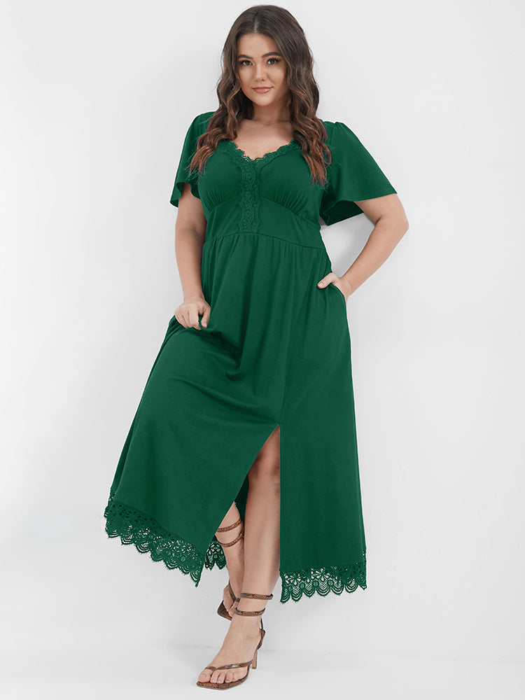 Solid Pocket Contrast Lace Split Maxi Dress