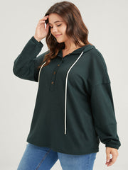 Solid Pocket Button Drawstring Waffle Knit Hooded Sweatshirt