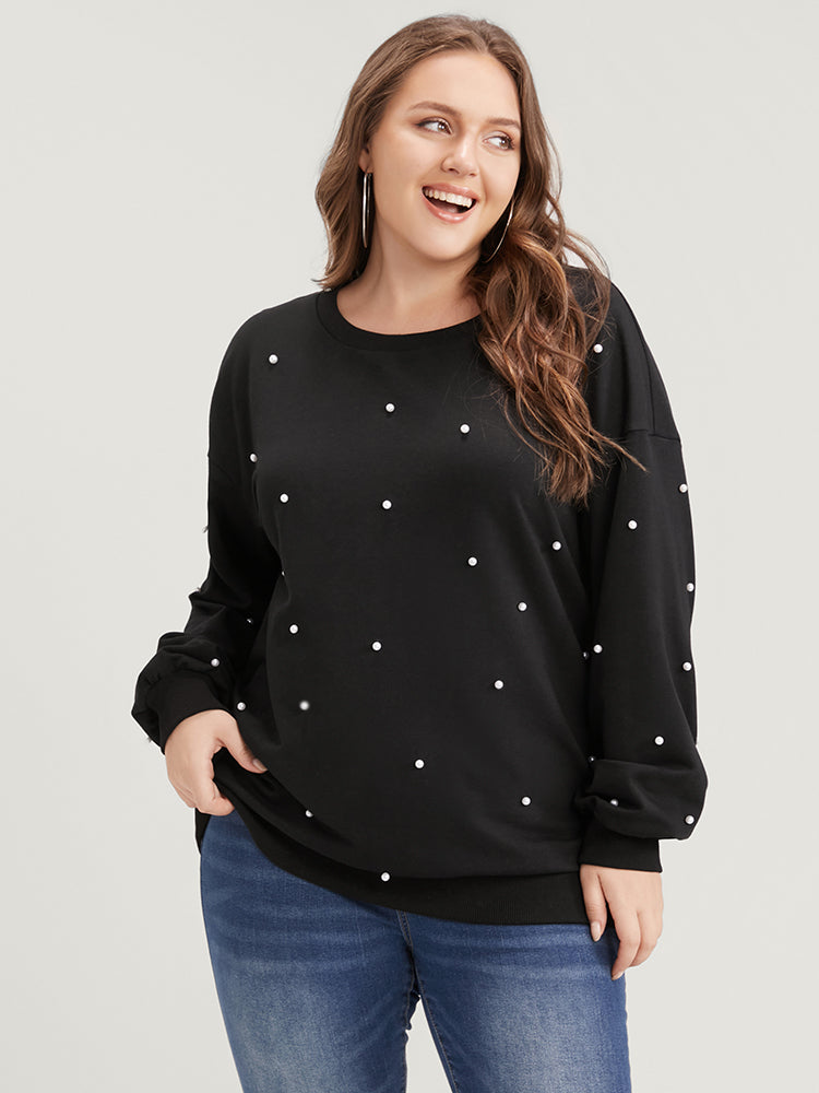 Solid Pearl Beaded Drop Shoulder Sweatshirt