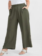 Solid Button Elastic Waist Pocket Loose Pants