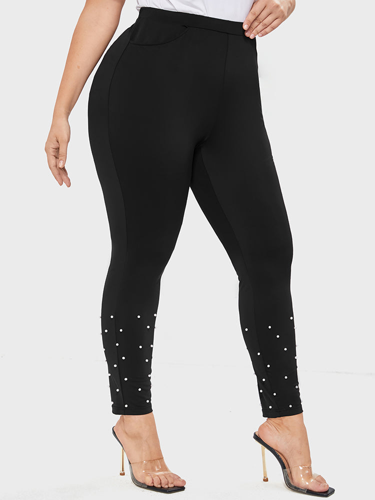 Solid Pocket Beaded Hem Leggings