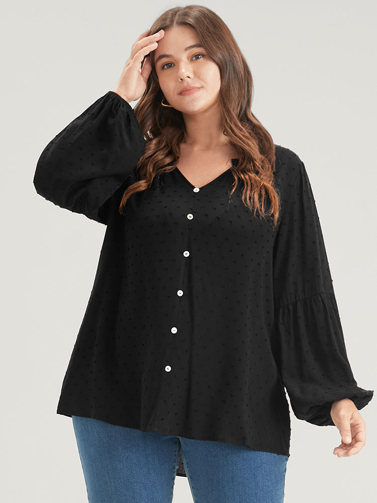 Solid  Button Lantern Sleeve Polka Dot Blouse