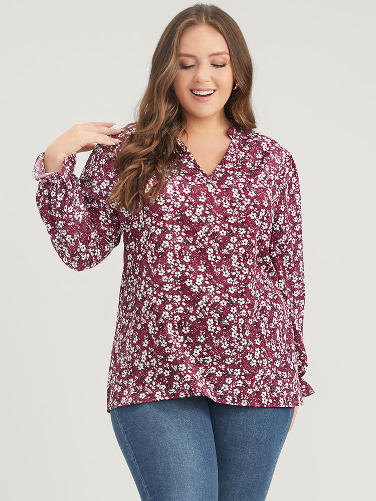 Floral Lantern Sleeve Arc Hem V Neck Blouse