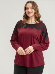 Solid Round Neck Contrast Lace Long Tee