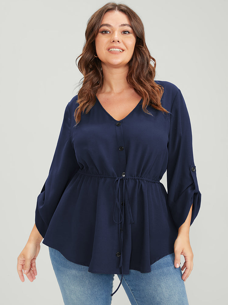Solid Roll Sleeve Button Down Drawstring Blouse