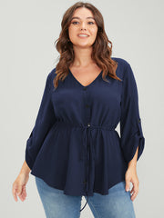 Solid Roll Sleeve Button Down Drawstring Blouse