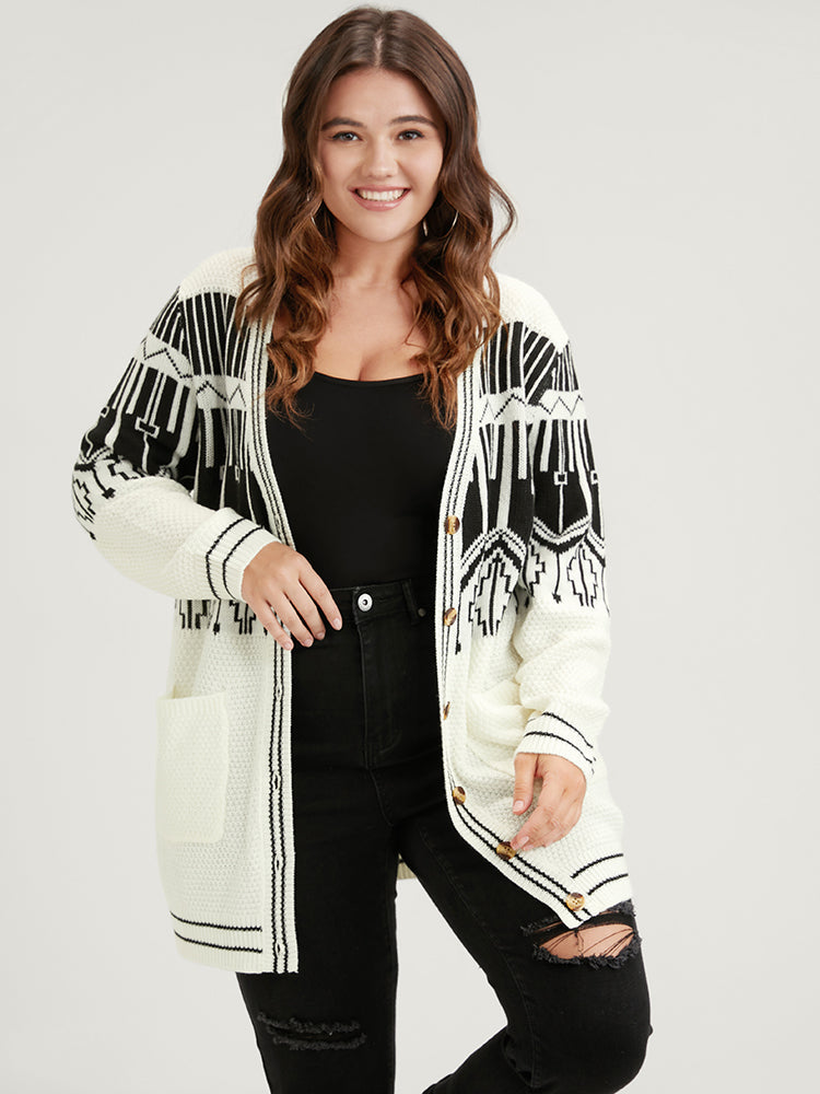 Geometric Knitted Jacquard Contrast Pocket Button Front Cardigan