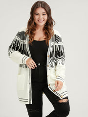 Geometric Knitted Jacquard Contrast Pocket Button Front Cardigan