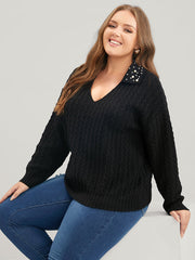 Solid Pointelle Knit Pearls Beaded Collar Neck Knit Top