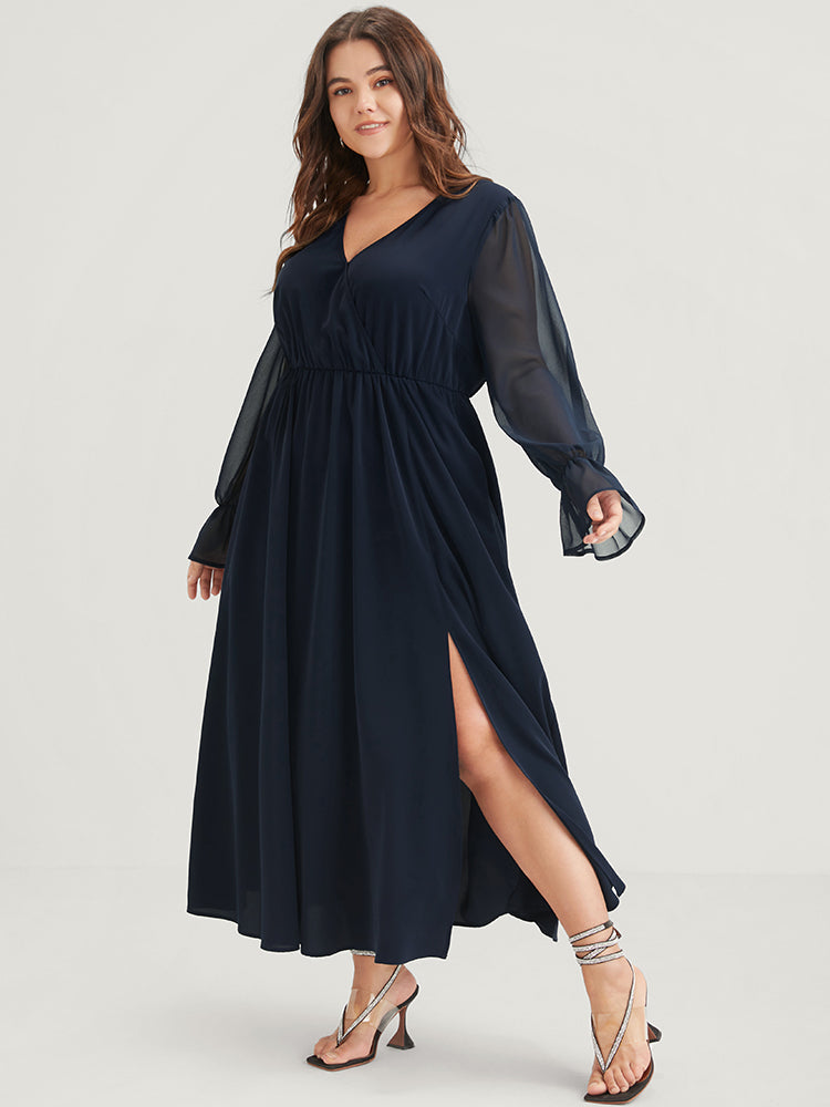 Solid Button Split Pocket Wrap Lantern Sleeve Ruffles Hem Dress