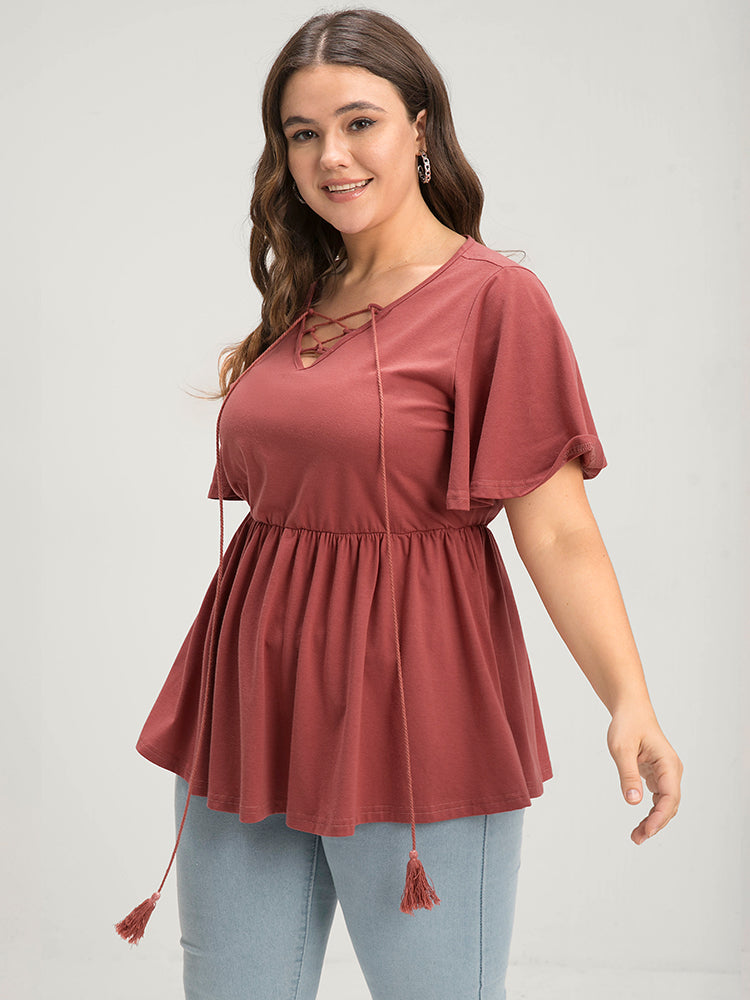 Solid  V Neck Ruffles Elastic Waist Lace Up T-shirt