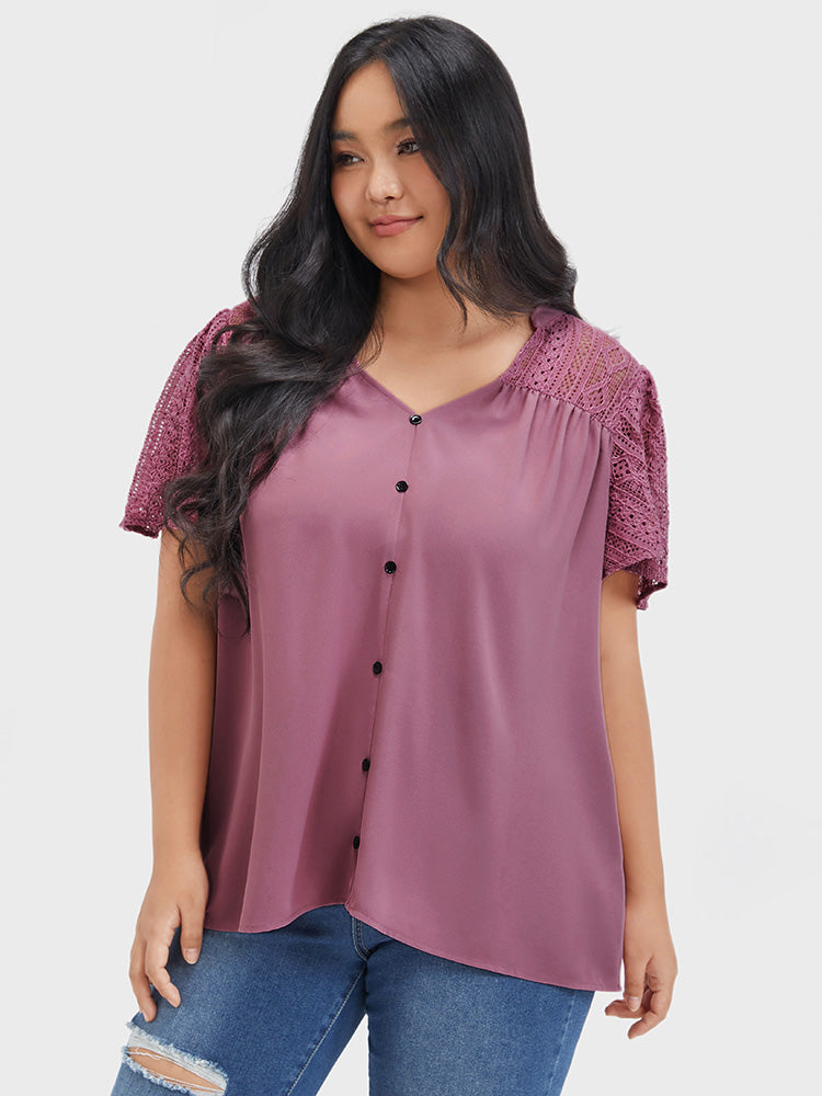 Plain Contrast Lace Ruffles Button V Neck Blouse