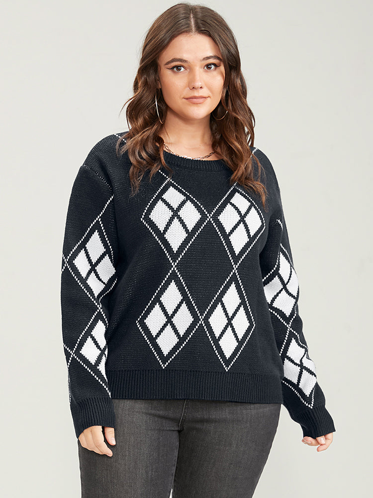 Geometric Contrast Pointelle Knit Round Neck Knit Top