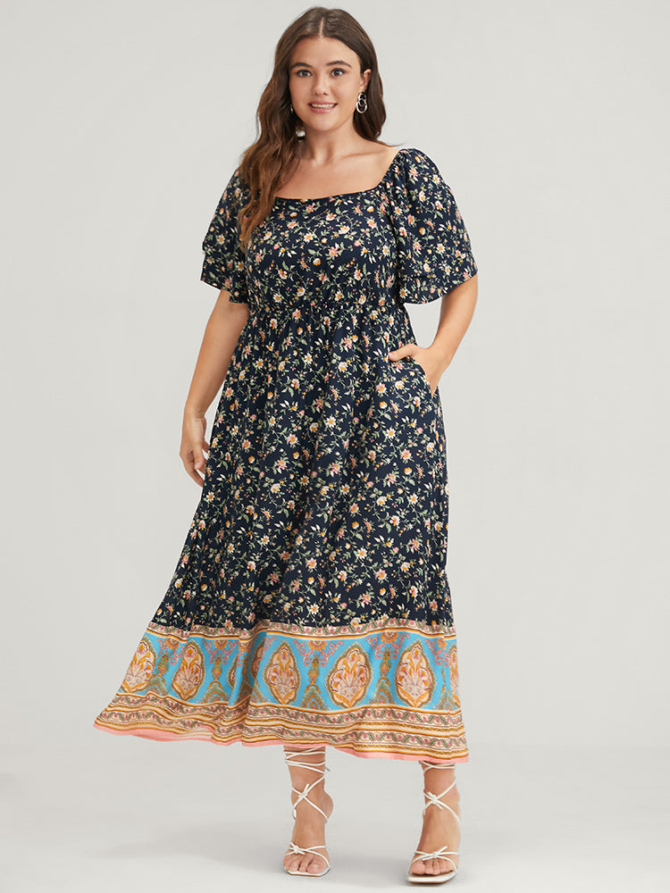 Floral Pocket Ruffles Square Neck Midi  Dress