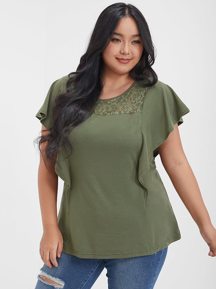 Solid Ruffled Crochet Lace Round Neck T-shirt