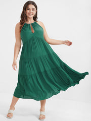 Solid Flutter Split Keyhole Ties Halter Neck Midi Dress