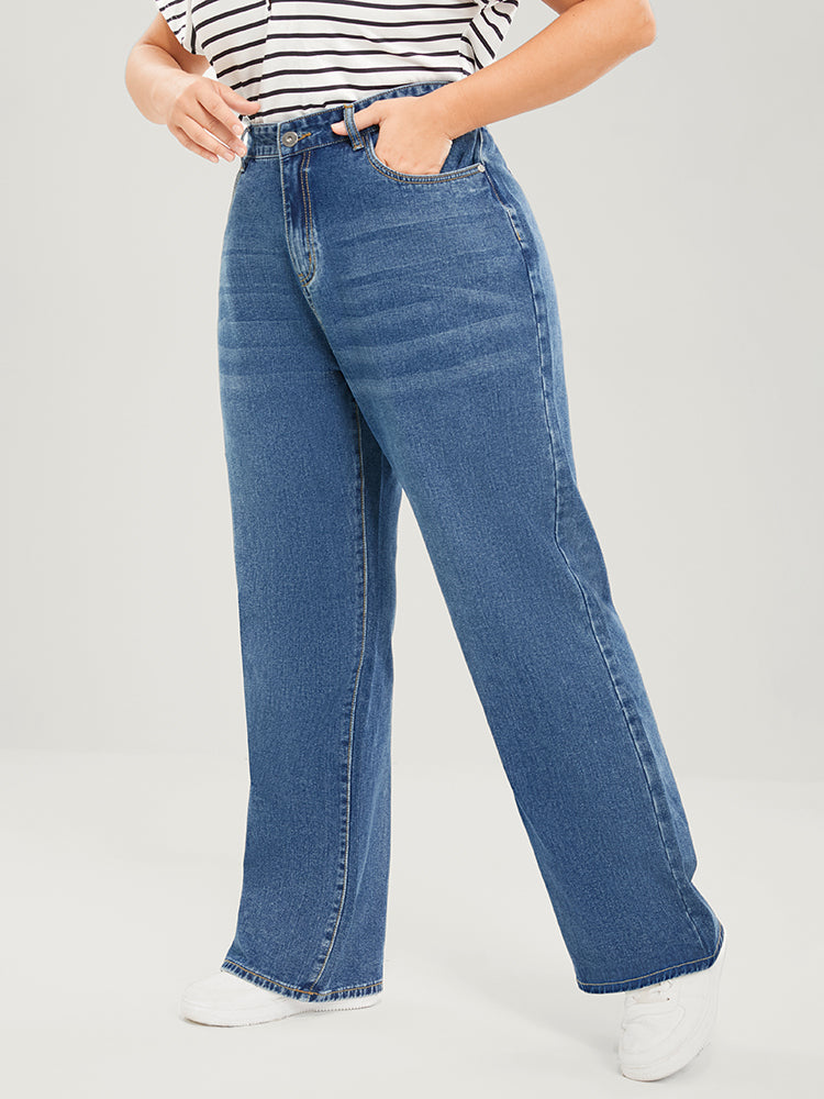 Wide Leg Moderately Stretchy High Rise Medium Wash Jeans