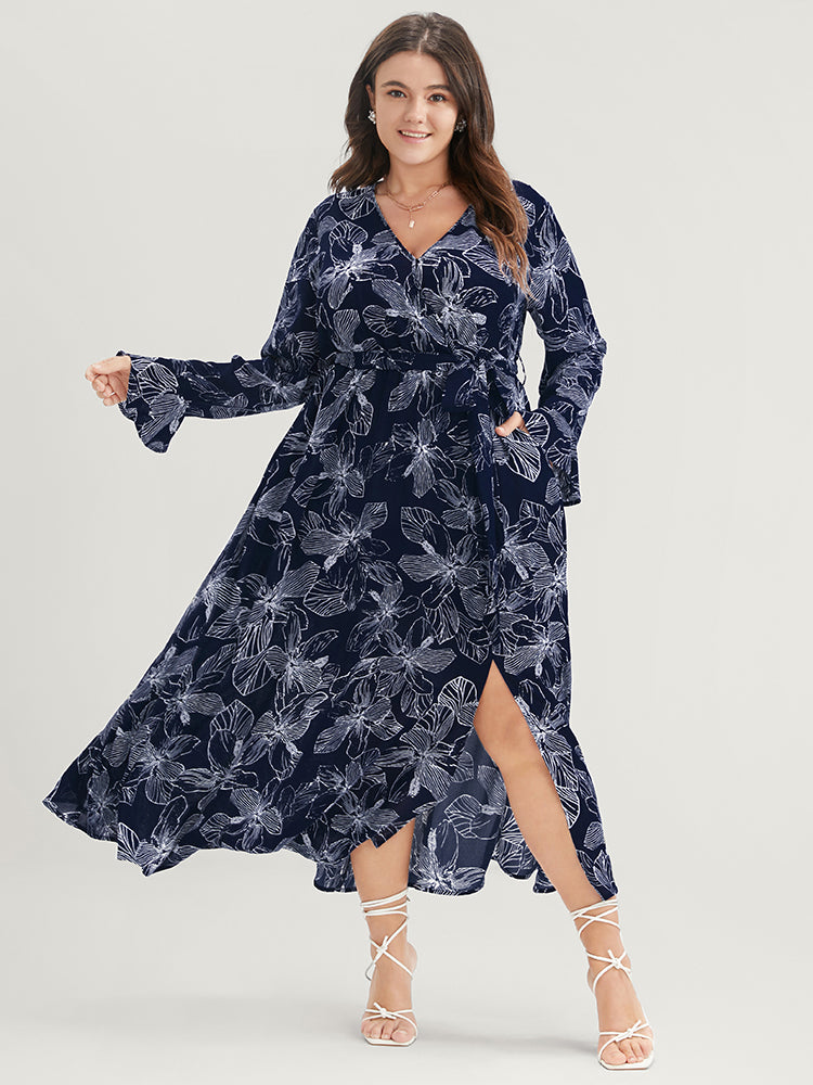 Floral Print Belted Pocket Split Hem Wrap Dress
