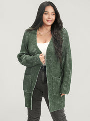 Solid Pointelle Knit Heather Rib Knit Open Front Cardigan