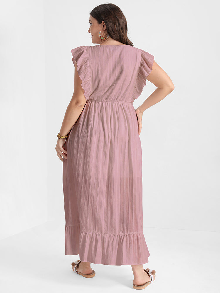 Solid V Neck Ruffles Split Pocket Maxi Dress