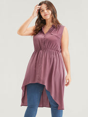 Solid Gathered Button High Low Hem Fake Pocket Tank Top