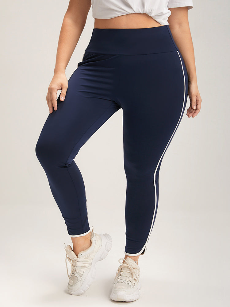 Solid Wide Waistband Contrast Trim Skinny Leggings