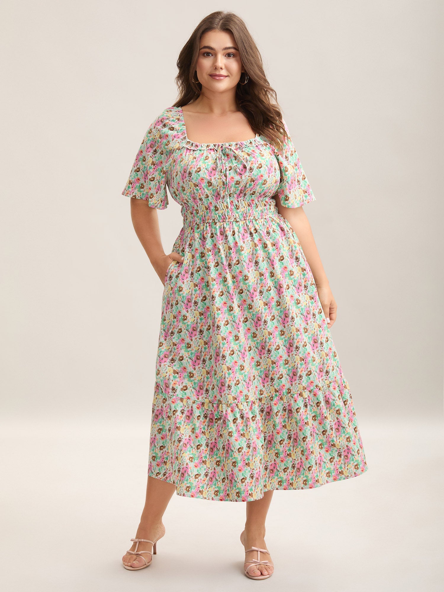 Smocked Waist Floral Ties Tiered Maxi Dress