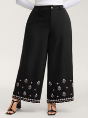 Floral Embroidered Hem Wide-Leg Pants