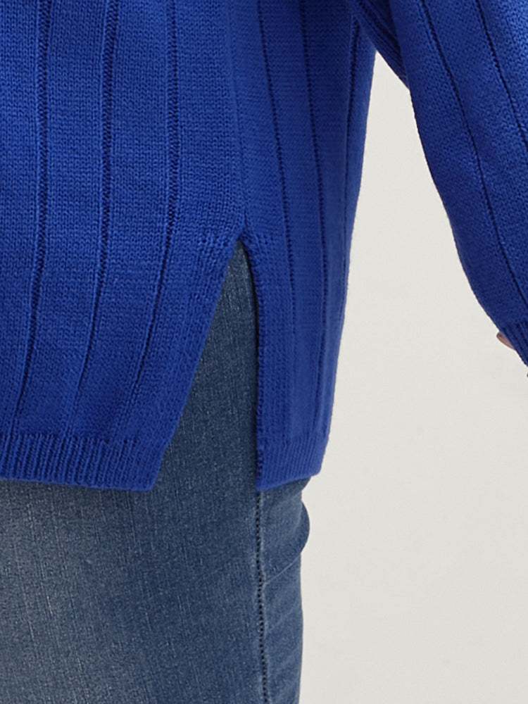 Solid Pointelle Knit Cut Out Split Hem Rib Knit Top