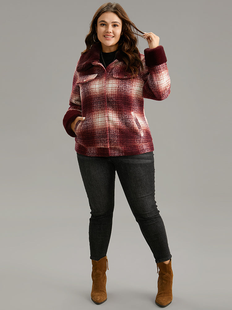 Plaid Patchwork Button Through Fuzzy Trim Jacket