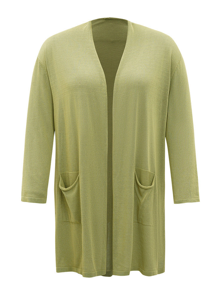 Solid Patched Pocket Open Front Tunic Cardigan