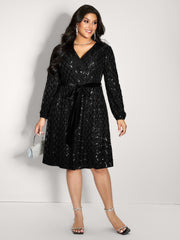 Sheer Sequin Belted Stretchy Waist Midi Dress