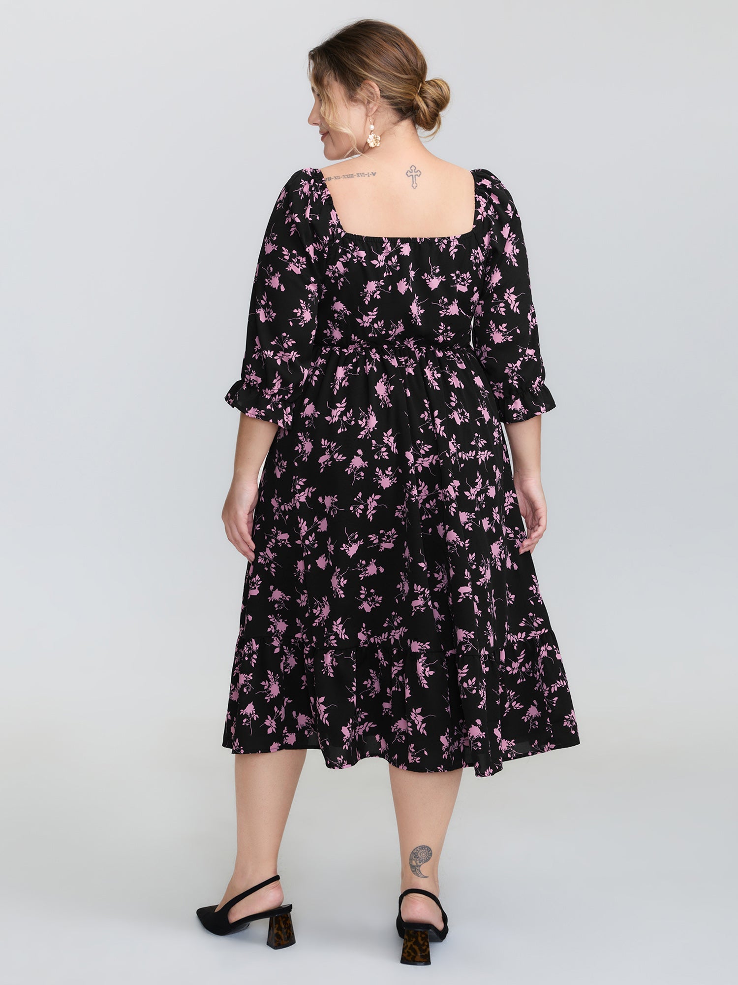 Silhouette Flower Print Shirred Stretchy Waist Midi Dress