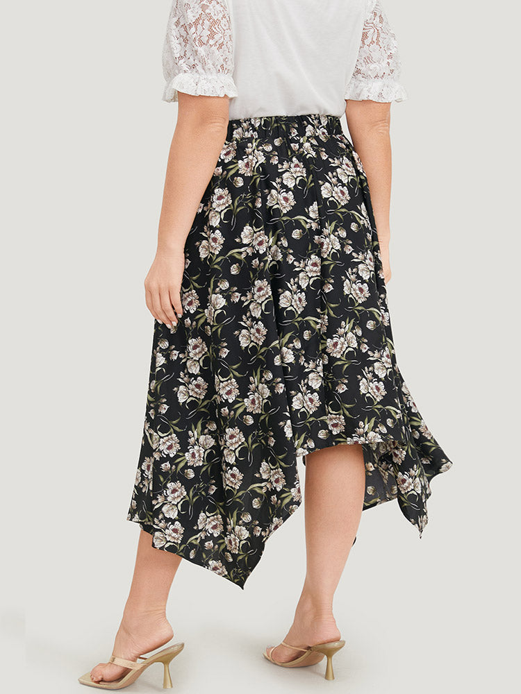 Floral Print Pocket Elastic Waist Hanky Hem Skirt