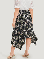 Floral Print Pocket Elastic Waist Hanky Hem Skirt
