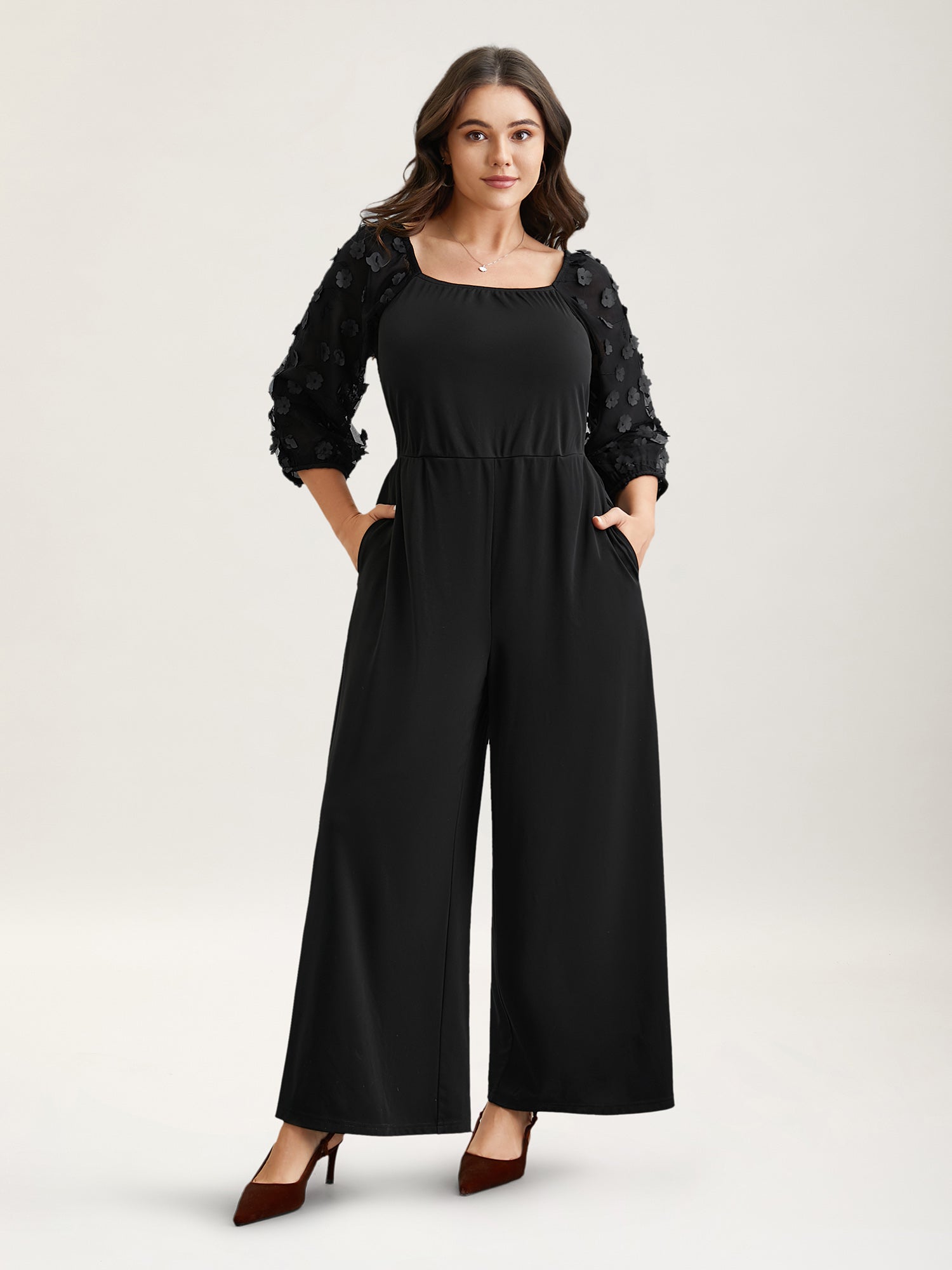 Floral Mesh Sleeve Pockets Straight-Leg Jumpsuit