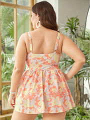 Floral Ruched Detail Ruffles Tiered Trim Swim Dress
