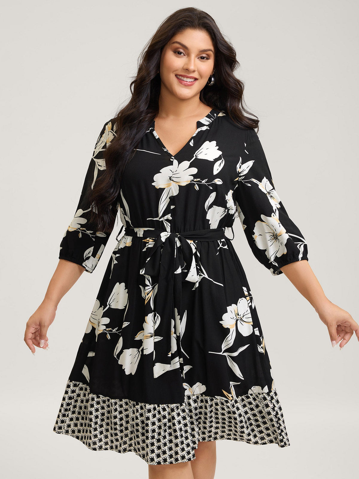 Floral Contrast Polka Dots Midi Dress