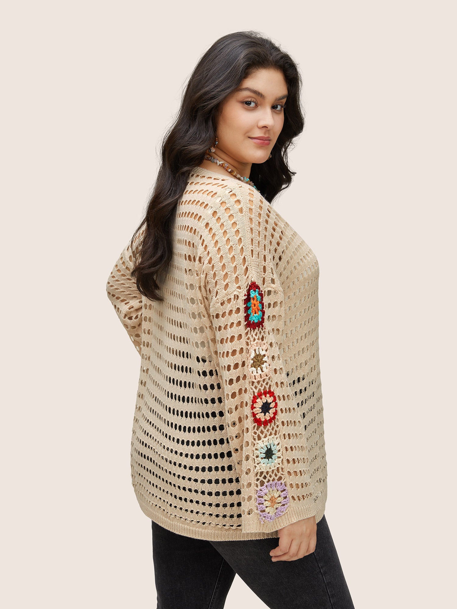 Floral Crochet Pointelle Knit Pullover