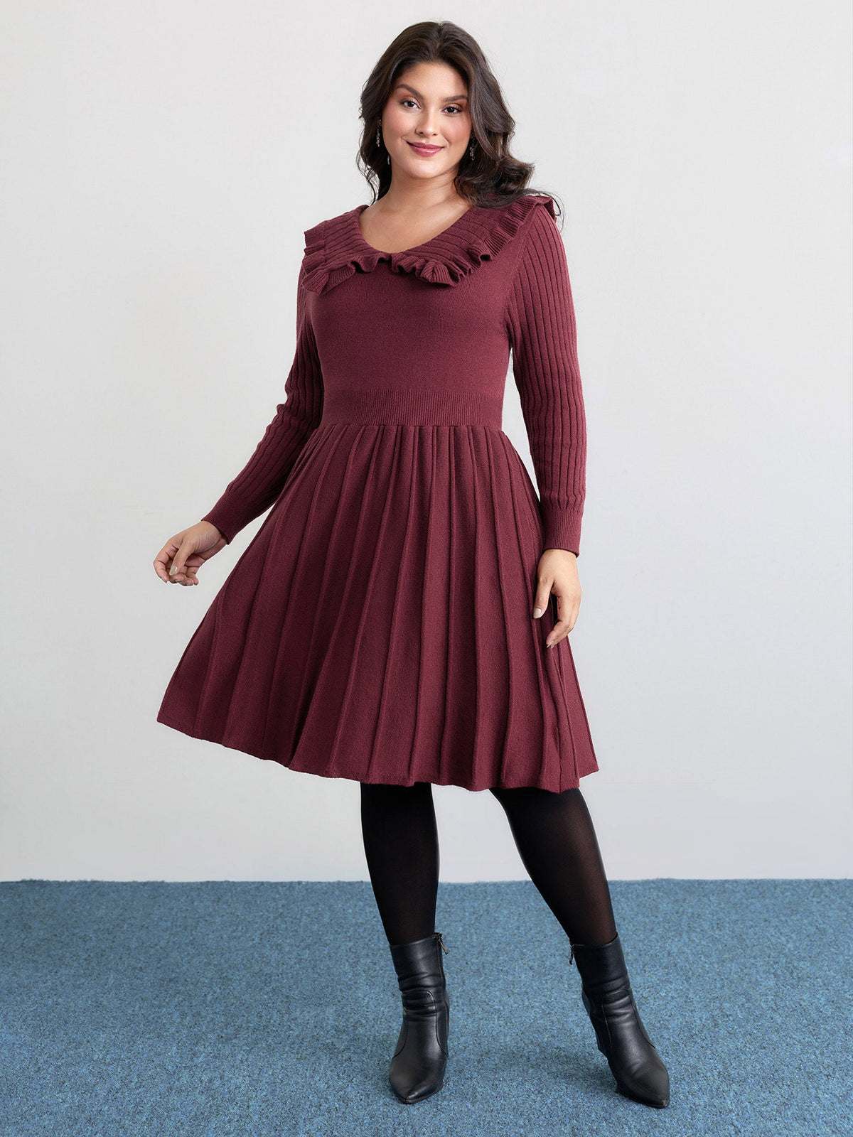 Supersoft Ruffled Neckline Cinched-Waist Sweater Dress