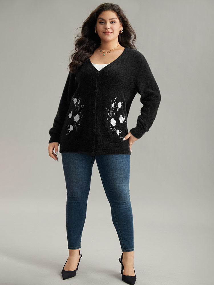 Floral Embroidered Fuzzy Open Front Cardigan