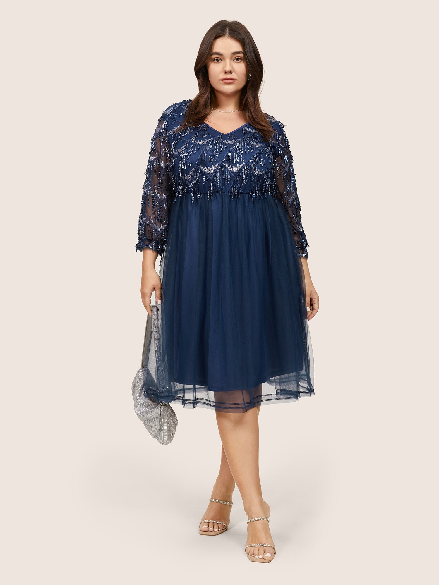 Sequin Tassels Plisse Patchwork Mesh Knee Dress