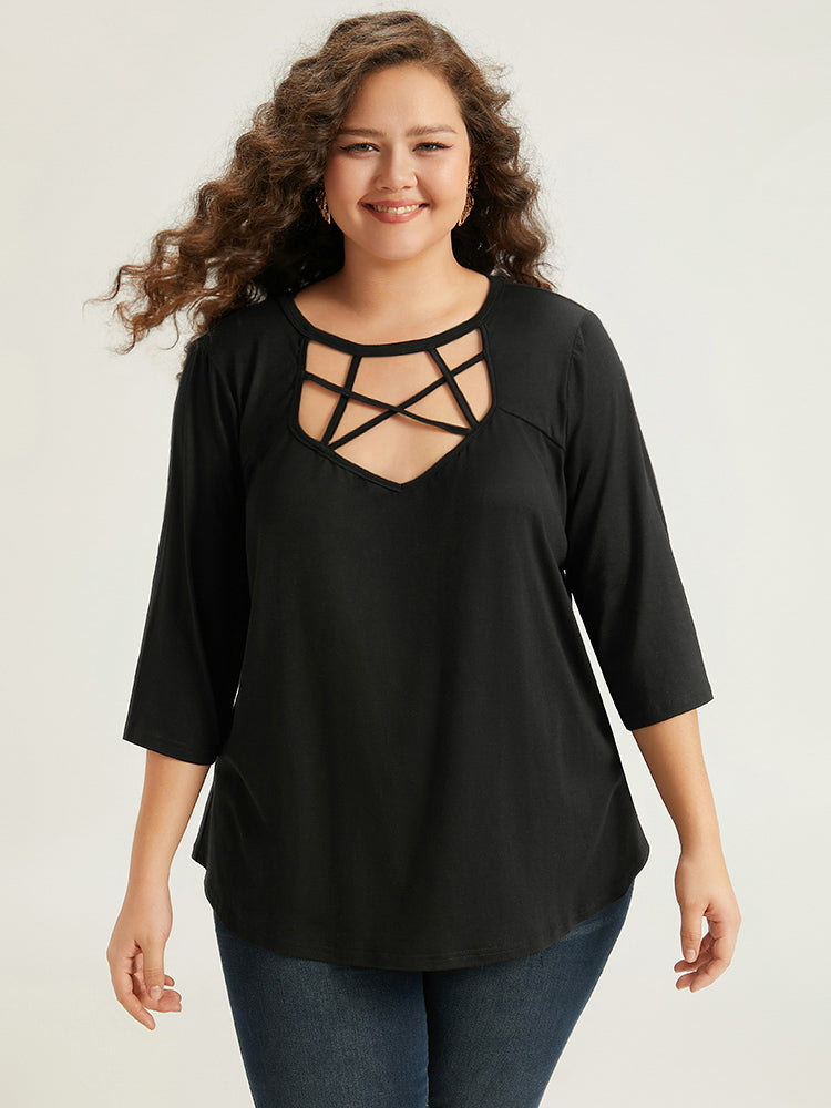 Solid Crisscross Neck Cut Out T-shirt