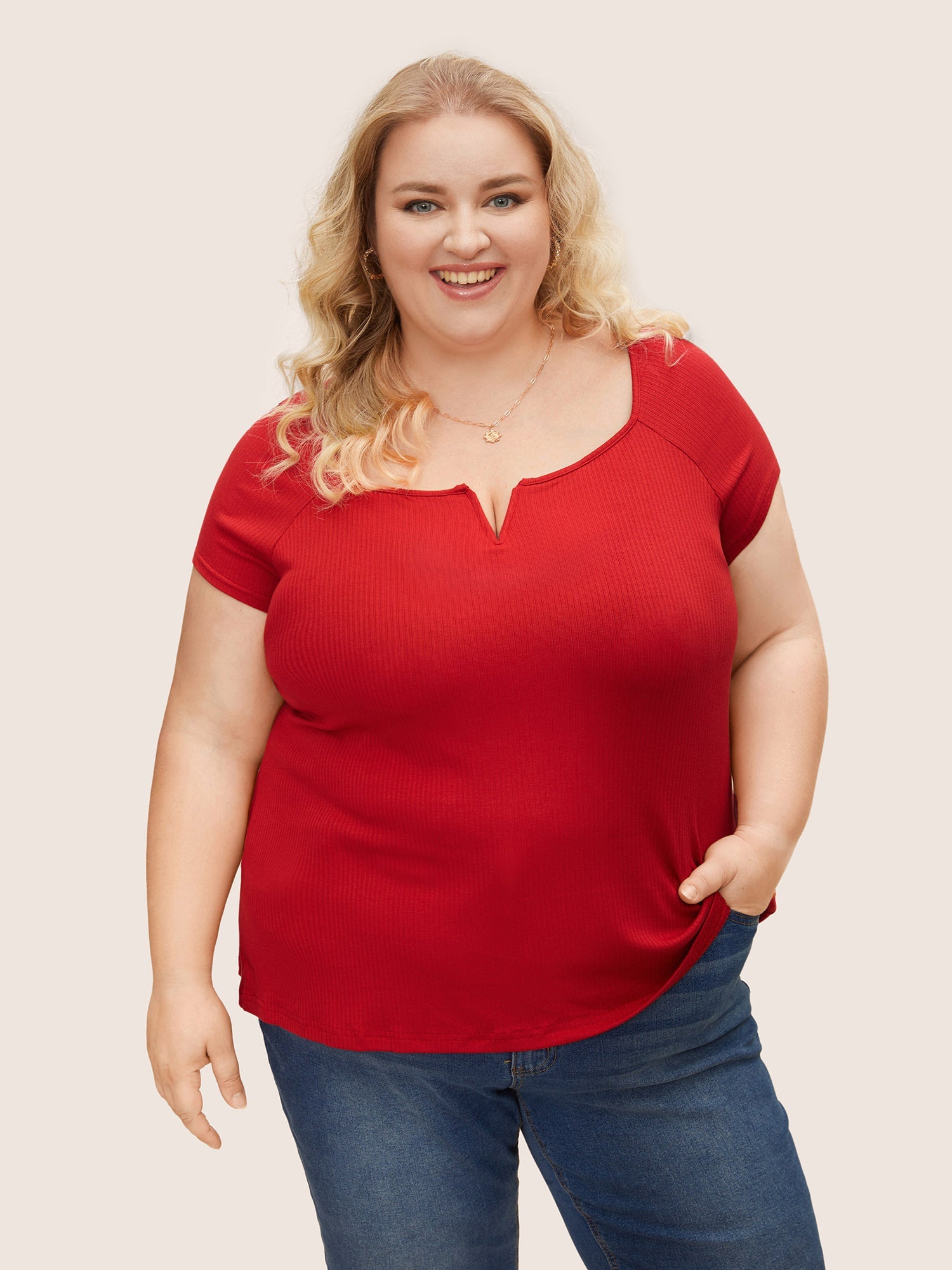 Solid Notched Collar Pit Strip T-shirt